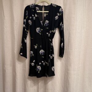 Lush Black Floral Long Sleeve Wrap Dress XS